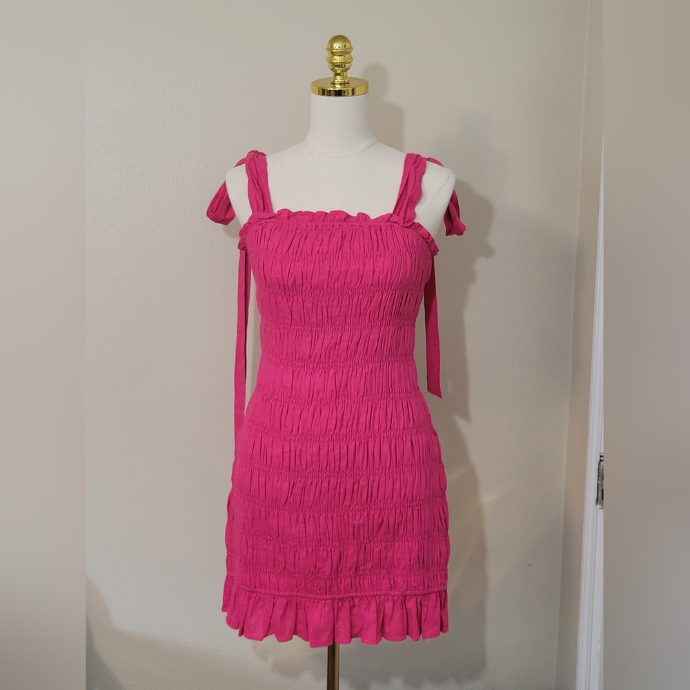 NEW Endless Rose Hot Pink Smocked Pleated Sundress Ties Bows M Bodycon Dress